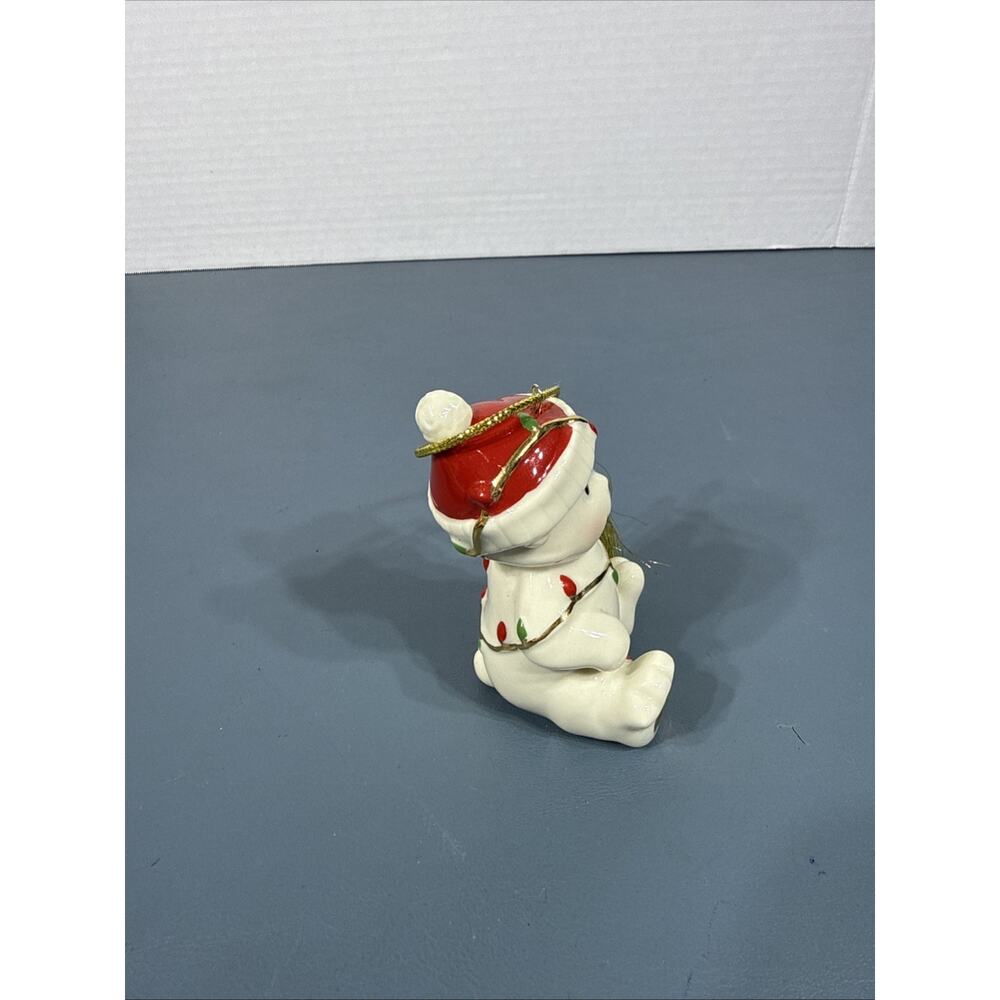 LENOX Teddy Bear With Christmas Lights and Santa Hat 3 1/2" Porcelain Ornament - Picture 2 of 7